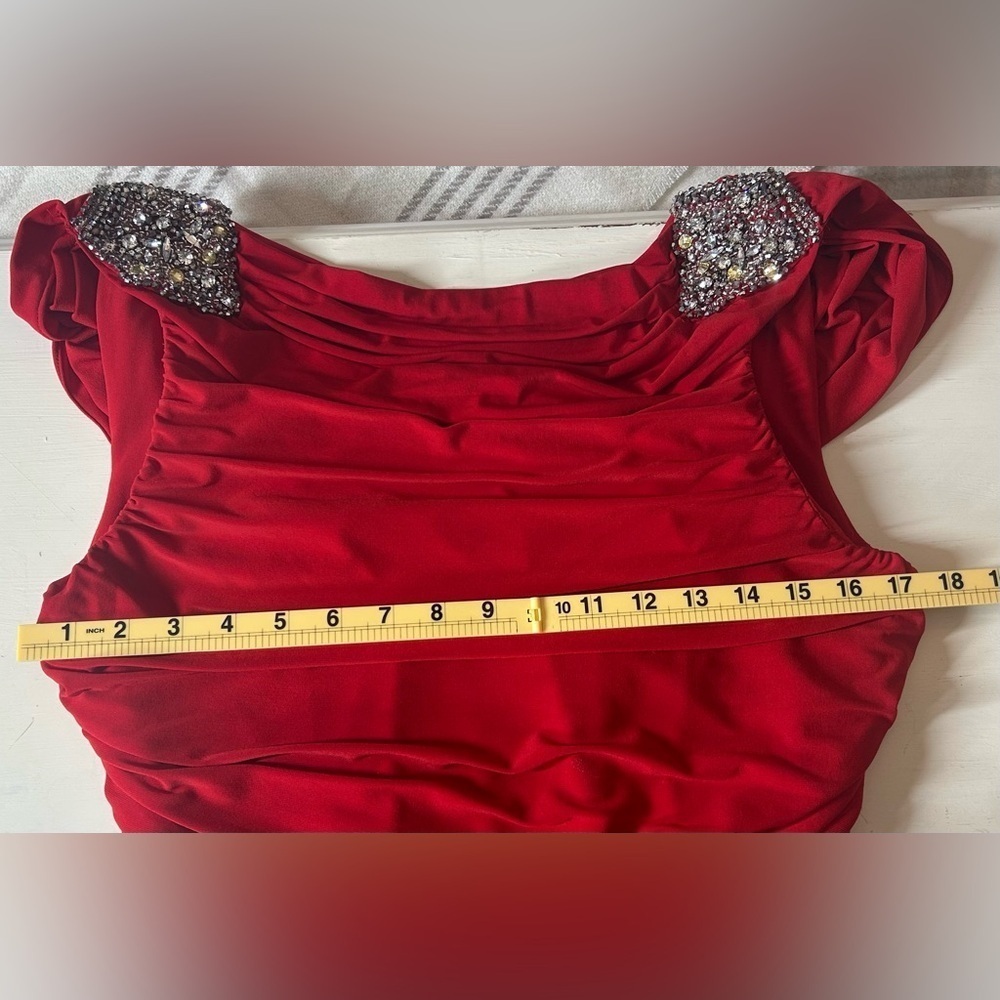 JS Boutique Red Rhinestone Embellished Ruched Cocktail Holiday Dress Size 12 - Picture 10 of 15